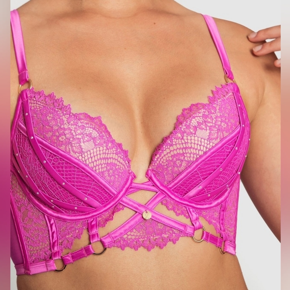 EUC Vamp by Bras N Things Seduce Magenta Pink Lace Push Up Bra Bustier, 32DDD